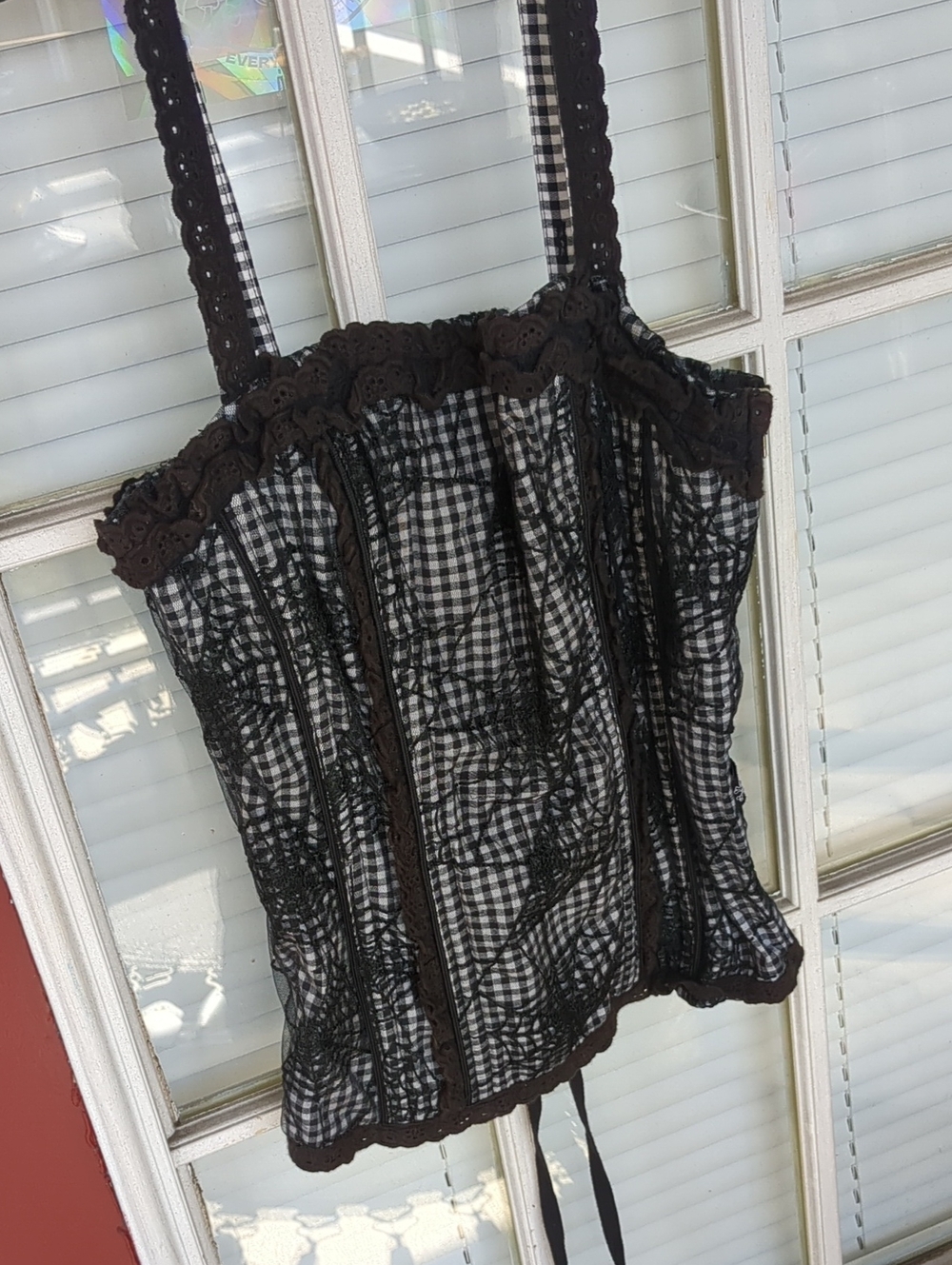 Black Lace-Trim Gingham Bustier Top